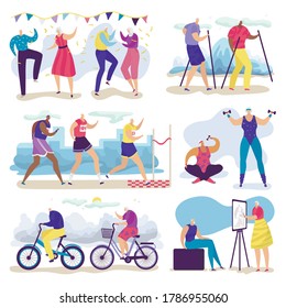 Active Senior Old People Vector Illustration Set. Cartoon Flat Group Of Elderly Characters Walking, Running, Older Man Woman Cycling, Dancing Together. Sport Or Fun Social Activity Isolated On White