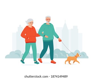 Active senior people in sporty clothes walks with dog holding hands. Concept of happy mature family spend time together in city park. Leisure activity weekend, healthy lifestyle. Vector illustration