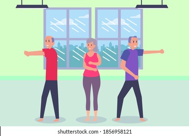 Active Senior People vector concept: Old people exercising for self defense together while standing in fitness center