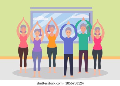 Active Senior People vector concept: Group of old people doing workout together with yoga pose in fitness center