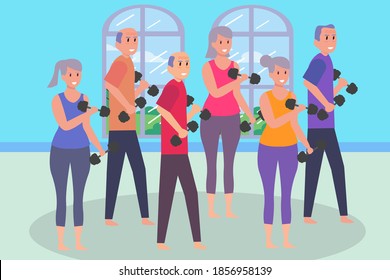 Active Senior People vector concept: Group of people doing workout together while using dumbbell in fitness center