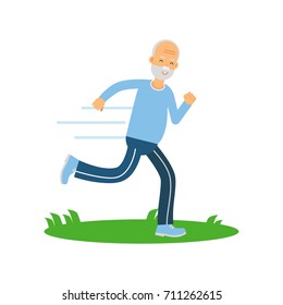 Active senior runner man character doing exercise to stay healthy, healthy active lifestyle colorful characters vector Illustration