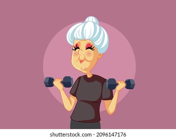 
Mujer mayor activa sosteniendo una caricatura de vectores de Dumbbells. Abuela mayor trabajando en entrenamiento de peso fuerte y energético
