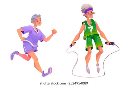 Mujer y hombre mayores activos haciendo entrenamiento cardiovascular. Conjunto de Vector de dibujos animados de ancianos alegres y energéticos sonrientes durante los ejercicios de entrenamiento deportivo. Abuela corriendo y abuelo saltando con cuerda.