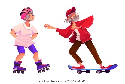 Active senior woman and man doing sport on roller skates and skateboard. Cartoon vector set of happy smiling old people during rollerblading and skateboarding. Energetic lifestyle of grandparent.