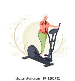 Active senior woman on elliptical cross trainer at home. Lifestyle sport activities in old age. Sportive grandmother on training machine, active elderly character. Gym Vector illustration flat style