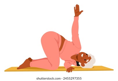 Active Senior Woman In Pink Sportswear Exercising On Mat With Her Knee And Thigh Bent, Elbows On The Ground, Her Gentle Movements Embodying Strength And Resilience. Cartoon People Vector Illustration