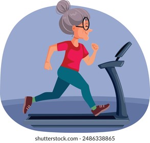 
Active Senior Woman Running on a Treadmill Vector Cartoon. Granny jogging indoors on a sports equipment 
