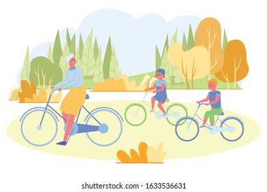 Active Senior Woman Spending Time with her Grandchildren Riding Bikes in City Park at Summertime. Grandmother and Little Kids Boy and Girl Having Outdoors Cycling Fun. Cartoon Flat Vector Illustration