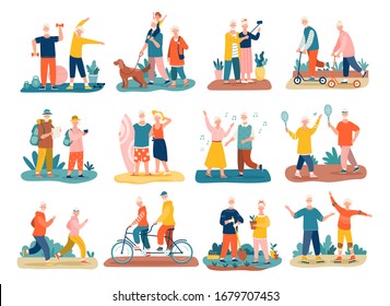 Active seniors concept with colorful icons of elderly people and couples exercising, jogging, hiking, cycling, walking the dog, dancing and playing tennis, vector illustrations