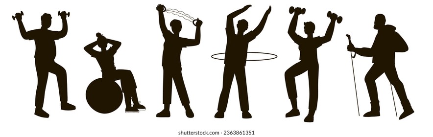 Active seniors doing sports, black silhouettes of elderly people exercising, vector illustration isolated on white background. Black silhouette contours of people doing sport workout.