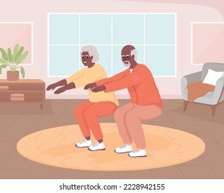 Active seniors doing squats at home flat color vector illustration. Sit up exercises in old age. Sports activity. Fully editable 2D simple cartoon characters with living room on background