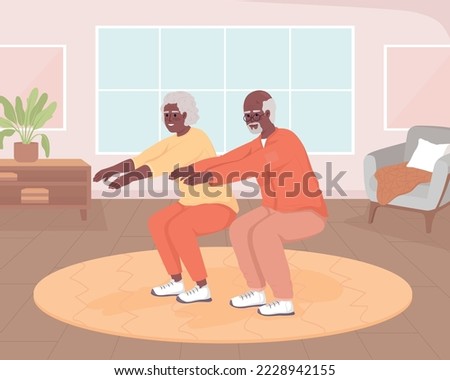 Active seniors doing squats at home flat color vector illustration. Sit up exercises in old age. Sports activity. Fully editable 2D simple cartoon characters with living room on background