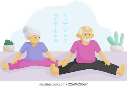 Ancianos activos haciendo ejercicios de yoga. Abuela y abuelo practicando estiramientos. La pareja de ancianos está dividida en Side. Jubilación activa, estilo de vida saludable juntos. Ilustración vectorial plana.