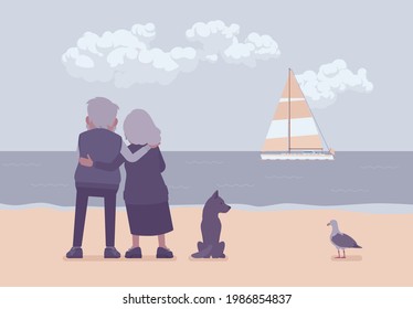 Active seniors, elderly people standing on beach in hug, rear. Couple of older adults enjoying ocean, sea, sailboat view together, romantic reminiscence. Beautiful seascape nature scenery background