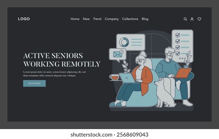 Active seniors embracing remote work lifestyle, with a laptop and a supportive dog. Comfortable home office setting. Vector illustration.