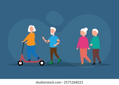 Active Seniors Enjoying Life 2d flat vector illustrations