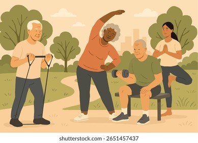 Active Seniors Exercising Outdoors with Trainer in Park – Flat Vector Illustration