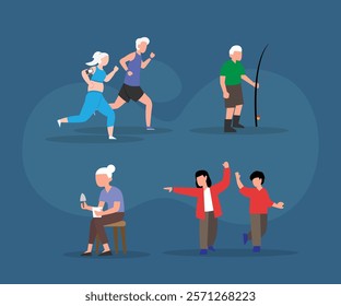 Active Seniors and Family Engaged in Hobbies and Outdoor Activities 2d flat vector illustrations