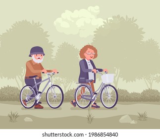 Active seniors, happy healthy elderly people enjoy sport, riding bicycle. Couple of older adults enjoying riding bike together, outdoor fun in park. Beautiful summer, spring nature scenery background