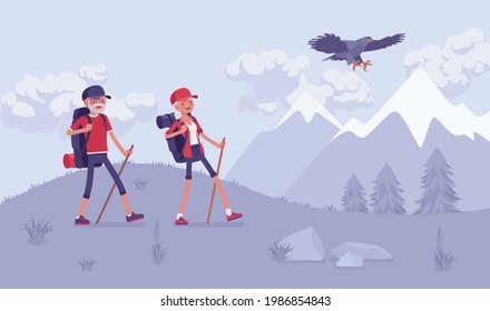 Active seniors, happy healthy elderly people nordic walking, mountains. Couple of older adults, athletes, tourist travelling enjoying outdoor hiking with poles. Beautiful summer, spring nature scenery