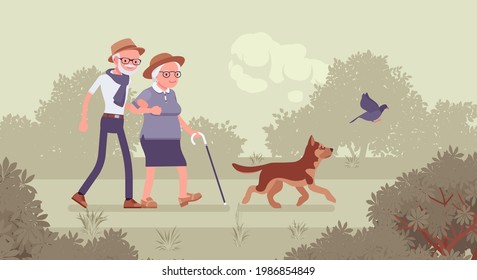 Active Seniors, Happy Healthy Elderly People Walking Through The Park. Couple Of Older Adults Enjoying Together Outdoor Park Promenade With Pet Dog. Beautiful Summer, Spring Nature Scenery Background