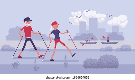 Active seniors, happy healthy elderly people nordic walking with poles. Couple of older adults, athletes enjoying outdoor park promenade. Beautiful summer, spring river nature scenery background