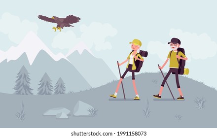 Active seniors, happy healthy elderly people nordic walking, mountains. Couple of older adults, athletes, tourist travelling enjoying outdoor hiking with poles. Beautiful summer, spring nature scenery