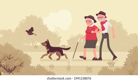 Active seniors, happy healthy elderly people walking through the park. Couple of older adults enjoying together outdoor park promenade with pet dog. Beautiful summer, spring nature scenery background