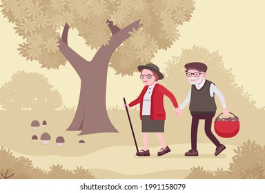 Active seniors, happy healthy elderly people walking mushroom picking. Couple of older adults enjoying together outdoor forest promenade. Beautiful summer, spring, autumn nature scenery background
