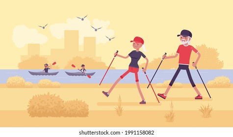 Active seniors, happy healthy elderly people nordic walking with poles. Couple of older adults, athletes enjoying outdoor park promenade. Beautiful summer, spring river nature scenery background