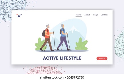 Active Seniors Healthy Lifestyle Landing Page Template. Elderly People Nordic Walk, Open Air Workout with Sticks. Aged Couple Outdoor Sport. Happy People Hiking Training. Cartoon Vector Illustration