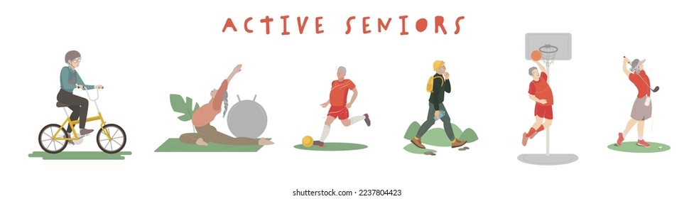 Active seniors. Old people going in for sports. Training program for pensioners. Aerobic activity for seniors. Health, fitness and wellbeing. Editable vector illustration on a transparent background