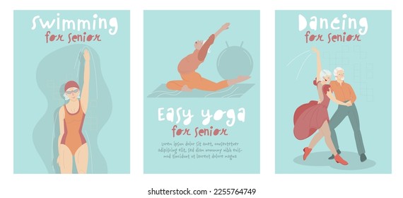 Active seniors. Old people going in for sports. Training program for pensioners. Aerobic activity for seniors. Health, fitness and wellbeing. Editable vector illustration on a white background