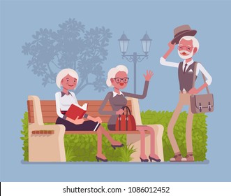 Active seniors in park. Retired elderly people enjoy healthy lifestyle and positive outlook on life, meet friends and relax outdoor, secure social environment. Vector flat style cartoon illustration