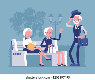 Active seniors in park. Retired elderly people enjoy healthy lifestyle and positive outlook on life, meet friends and relax outdoor, secure social environment. Vector illustration, faceless characters