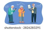 Active seniors using smartphone and tablet for stock market trading and financial investment, elderly digital literacy and fintech concept, flat vector illustration.
