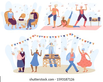 Active seniors vector elderly people training in gym. Old man and woman listening to music and dancing together. Illustration set of happy retired characters isolated on white background.