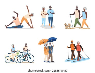 Active seniors walk, run, ride bikes, do gymnastics, skiing. Set of vector illustrations of an active elderly couple.