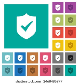 Active shield solid multi colored flat icons on plain square backgrounds. Included white and darker icon variations for hover or active effects.