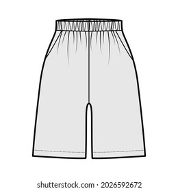 Activa Shorts Sport entrenamiento ilustración técnica de moda con cintura normal elástica, altura, bolsillos, ajuste relajado, longitud media del muslo. Delantera de la plantilla de ropa plana inferior, color gris. CAD de mujeres