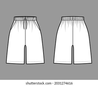 Active Shorts Sport training technical fashion illustration with elastic normal waist, Drawcord, pockets, mid-thigh length. Flat bottom apparel template front, back, white color. Women men CAD mockup
