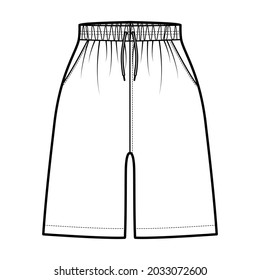 Active Shorts Sport training technical fashion illustration with elastic normal waist, high rise, Drawcord, pockets, mid-thigh length. Flat bottom apparel template front, white color. Women men unisex