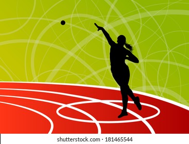 Active shot putter woman sport athletics ball throwing silhouettes abstract illustration background vector