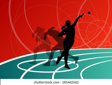 Active shot putter woman sport athletics ball throwing silhouettes abstract illustration background vector