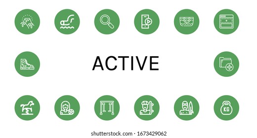 active simple icons set. Contains such icons as Lava, Waterpark, Active, Play button, Beach bag, Add, Spring swing horse, Football player, can be used for web, mobile and logo