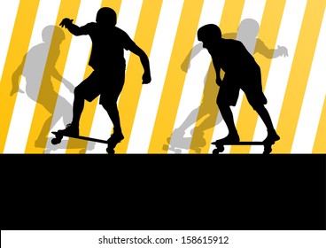 Active skateboarders detailed sport concept silhouette illustration background vector