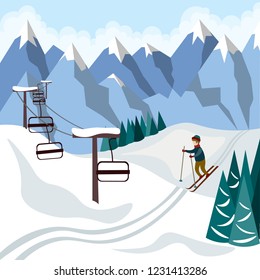 Active skier in the mountains and cable car to the top. Illustration in flat style