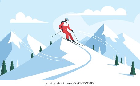 Active skier in red suit speeding down a snow-covered mountain slope surrounded by pine trees under a light blue sky.