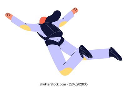 Active sky jumper flies with parachute backpack. Extreme skydiver, parachutist jumping, falling down, freefall in air, flight. Skydiving sport. Flat vector illustration isolated on white background